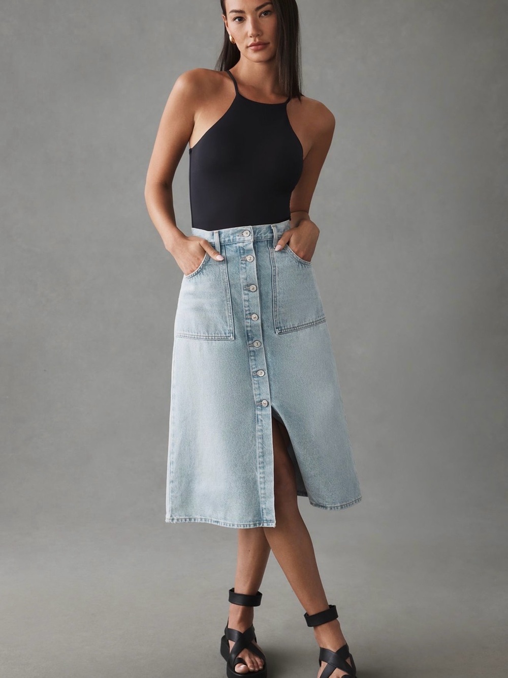 ✨ Citizens of Humanity Anouk Denim‎ Midi Skirt Light Wash Button Slit Size 27